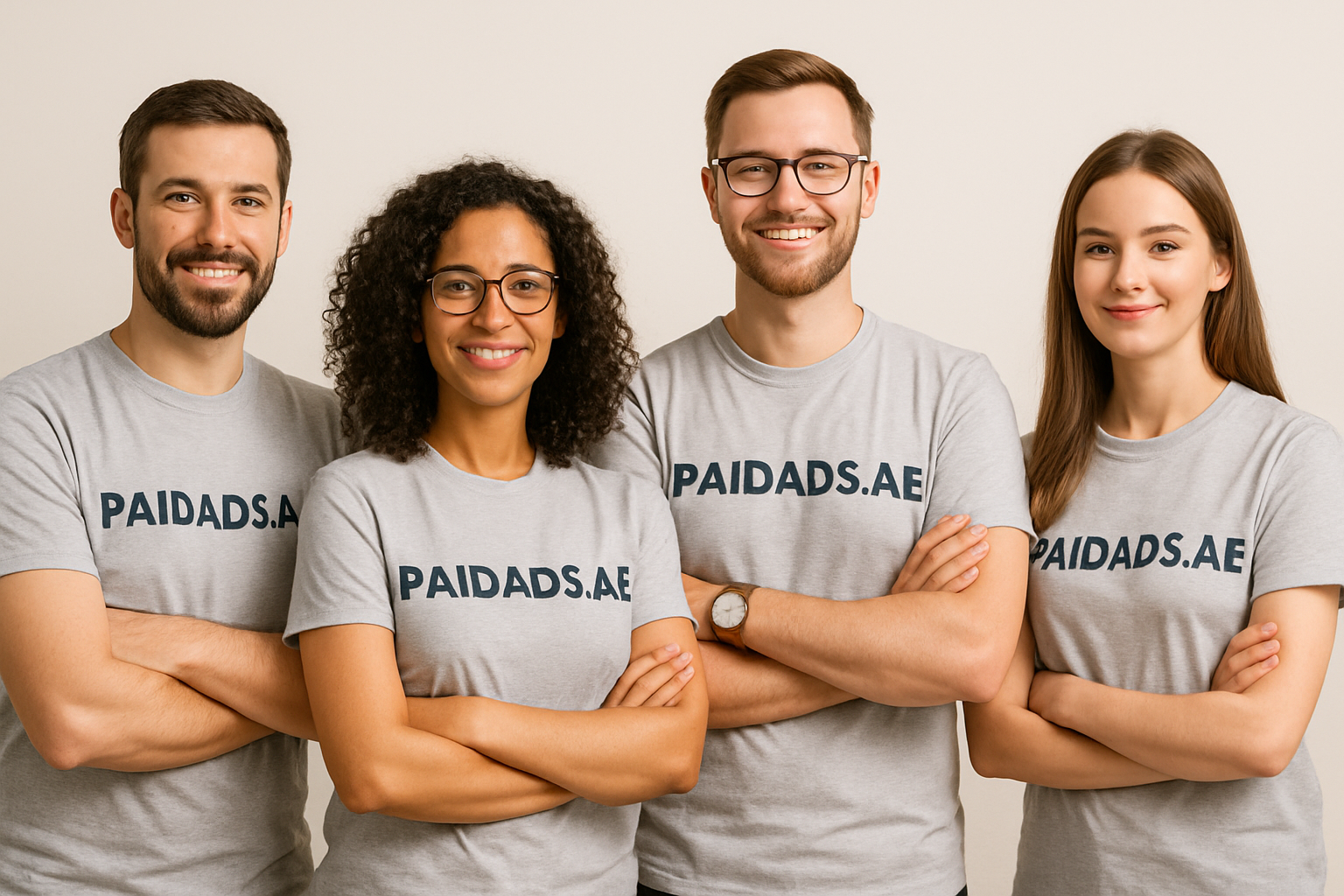 Team members of PAIDADS.AE standing together in branded T-shirts, smiling confidently
