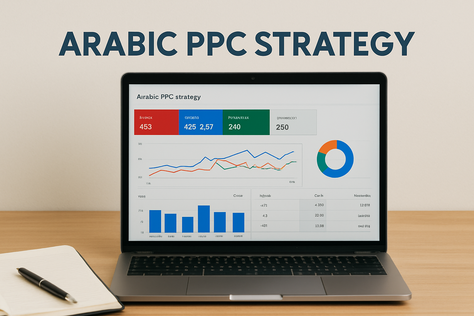 Laptop on a wooden desk displaying Arabic PPC strategy dashboard with graphs, pie chart, and key ad metrics, representing digital advertising performance in Arabic markets.